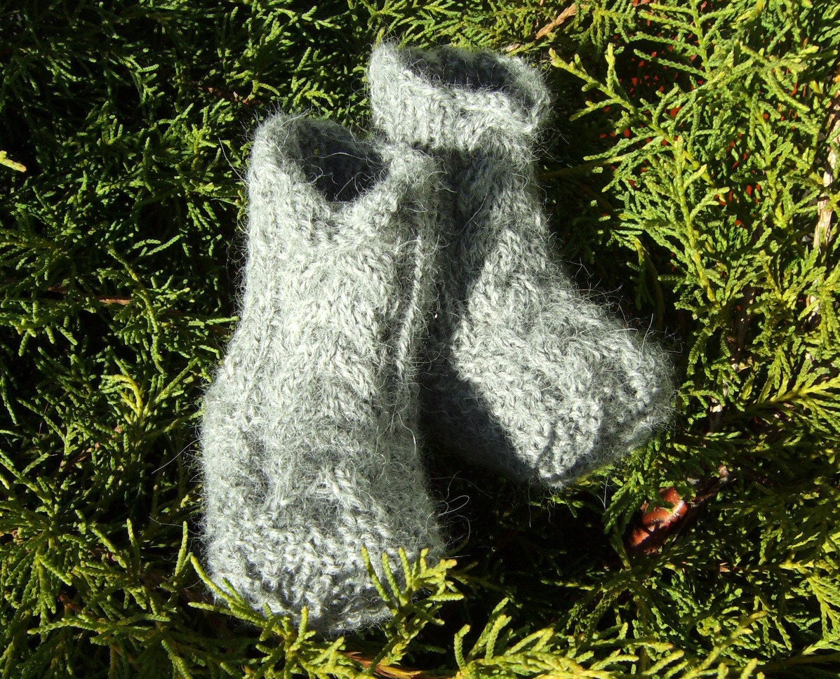 Alpaca Wool Baby Socks Booties Hand Knit in Gray with Irish Aran Cables (Size 0 - 3 Months - Made to Order)
