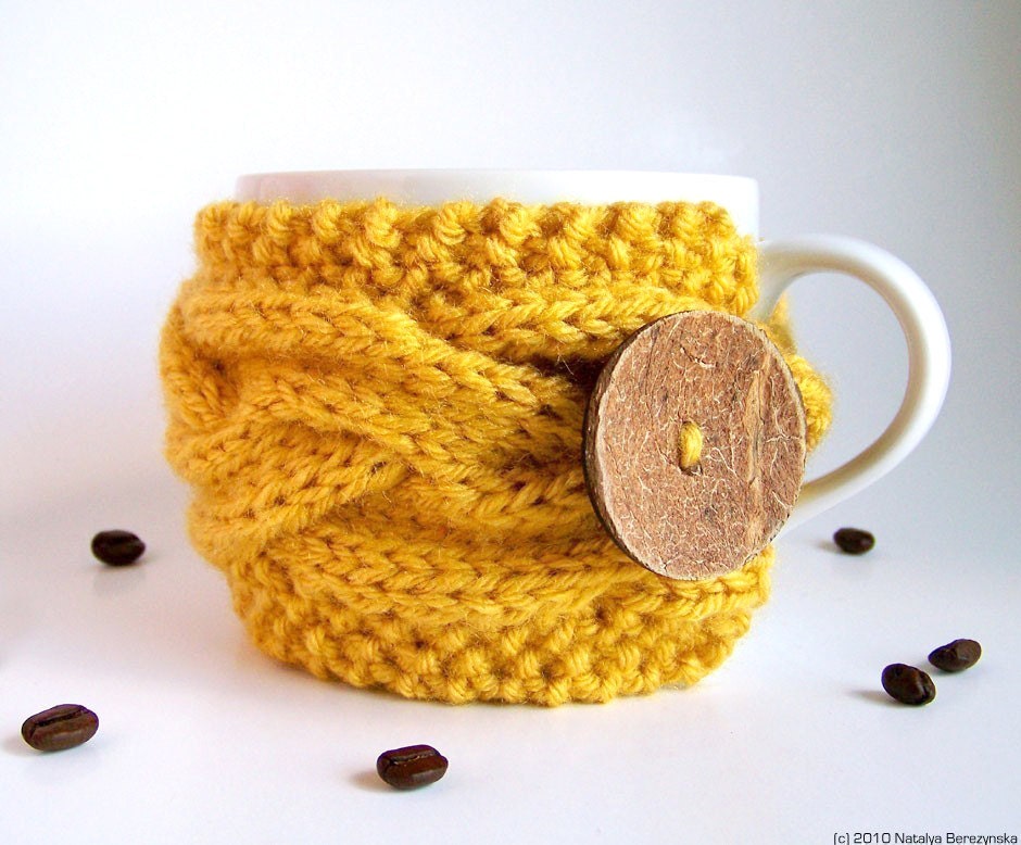 Honey Yellow Cup Cozy, Mustard Mug Cozy, Coffee Cozy Sleeve - Bee Yolk Lemon Saffron Banana Citrine - natalya1905