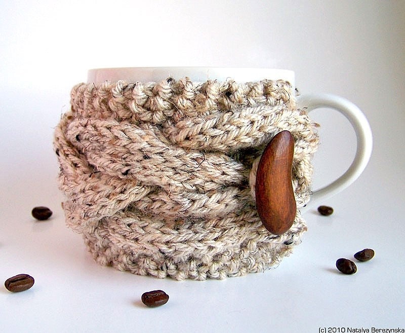 Oatmeal Cup Cozy, Knitted Coffee Cozy, Coffee Sleeve - ohtteam Wood Woodland Nature Farm Cone Acorn Rustic - Fathers Day Gift
