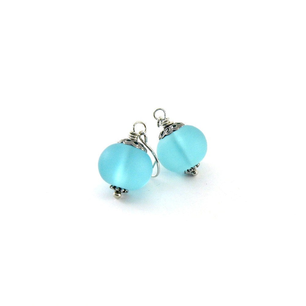 Light Aqua Earrings Sea Glass Rondelles Antique Silver Beaded Drop Wire