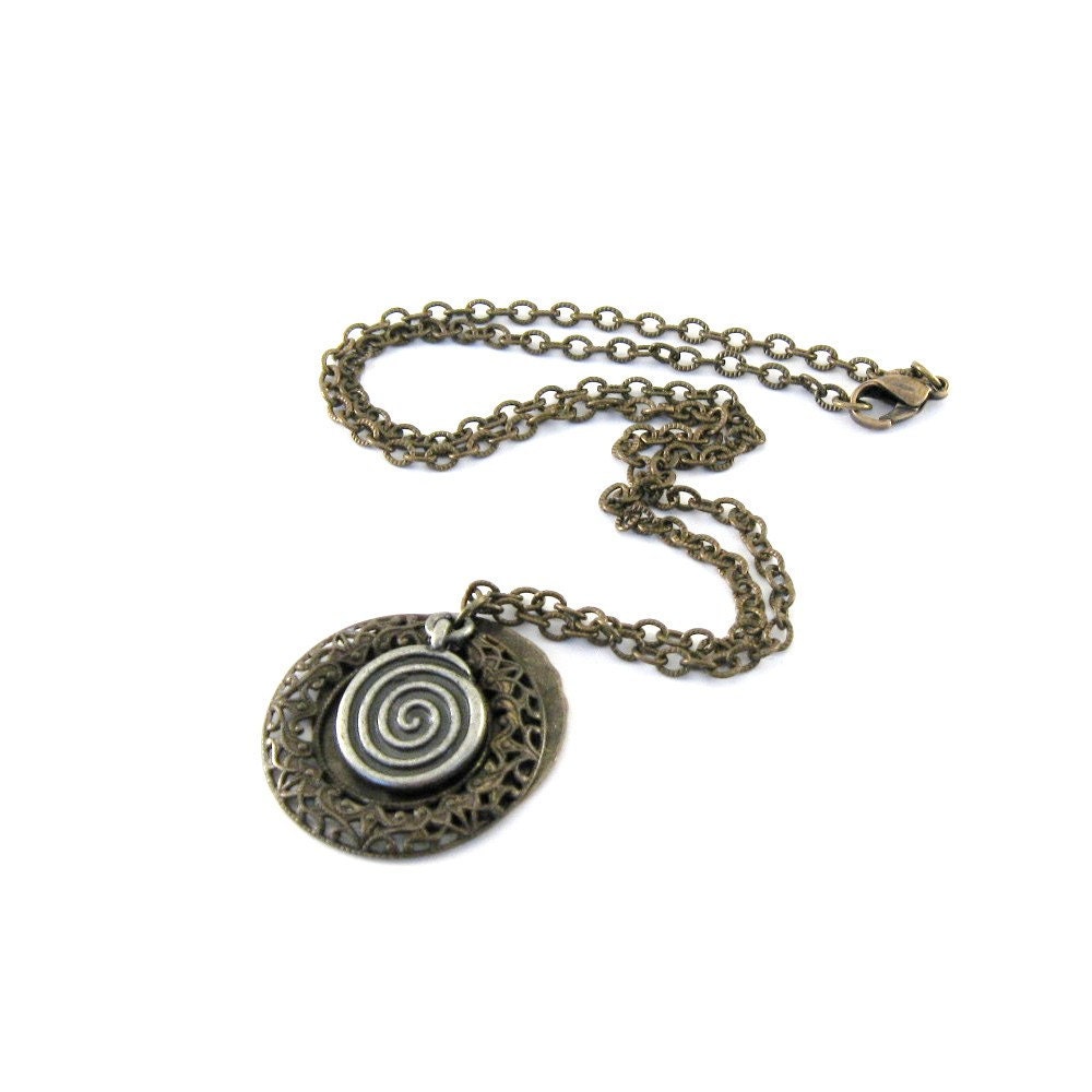 Vintaj Silver Necklace Antique Brass Disk Antique Silver Swirl Chain