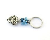 Blue Heart Keychain Puffy Heart Silver Czech Glass Rondelles Sky Blue Navy Dangle