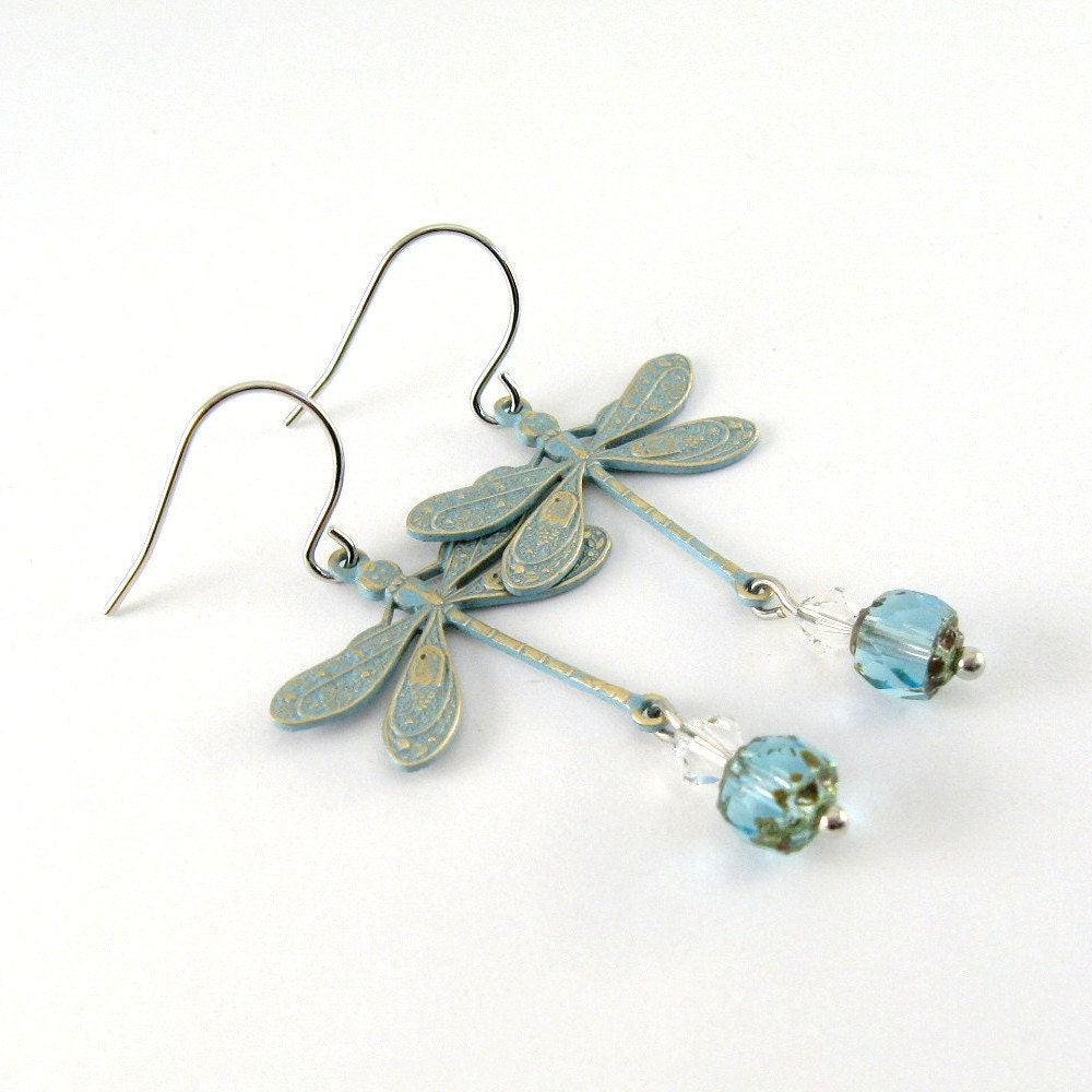 Blue Dragonfly Earrings Sky Blue Patina Blue Czech Glass Crystal Clear Crystal Swarovski Silver Beaded Wire