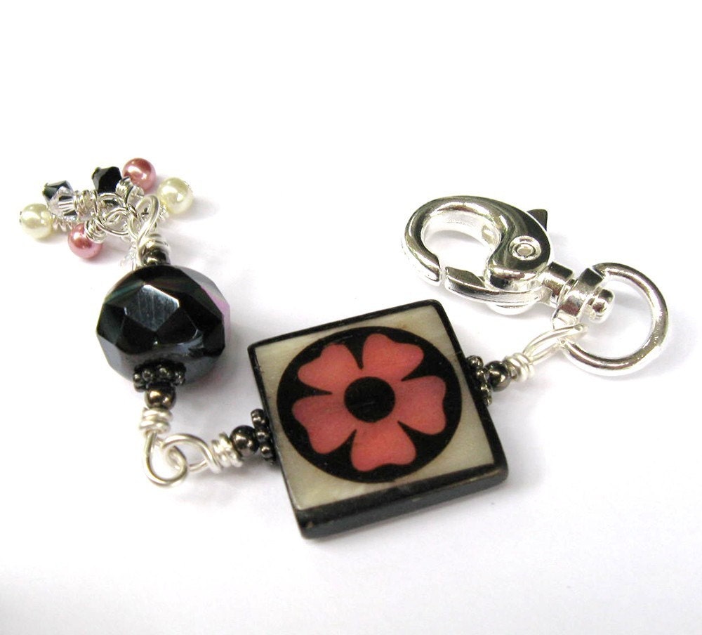 Square Funky Bone With Pink Flower Purse Charm