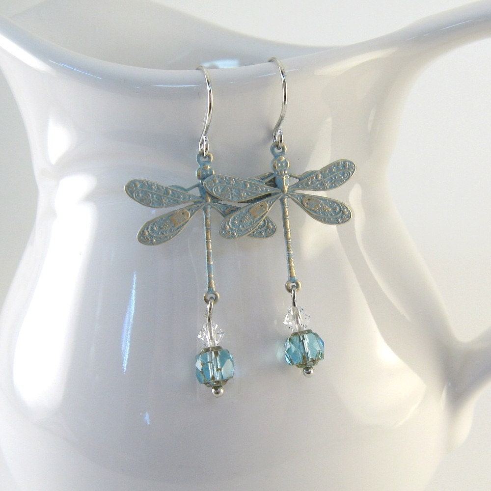 Blue Dragonfly Earrings Sky Blue Patina Blue Czech Glass Crystal Clear Crystal Swarovski Silver Beaded Wire