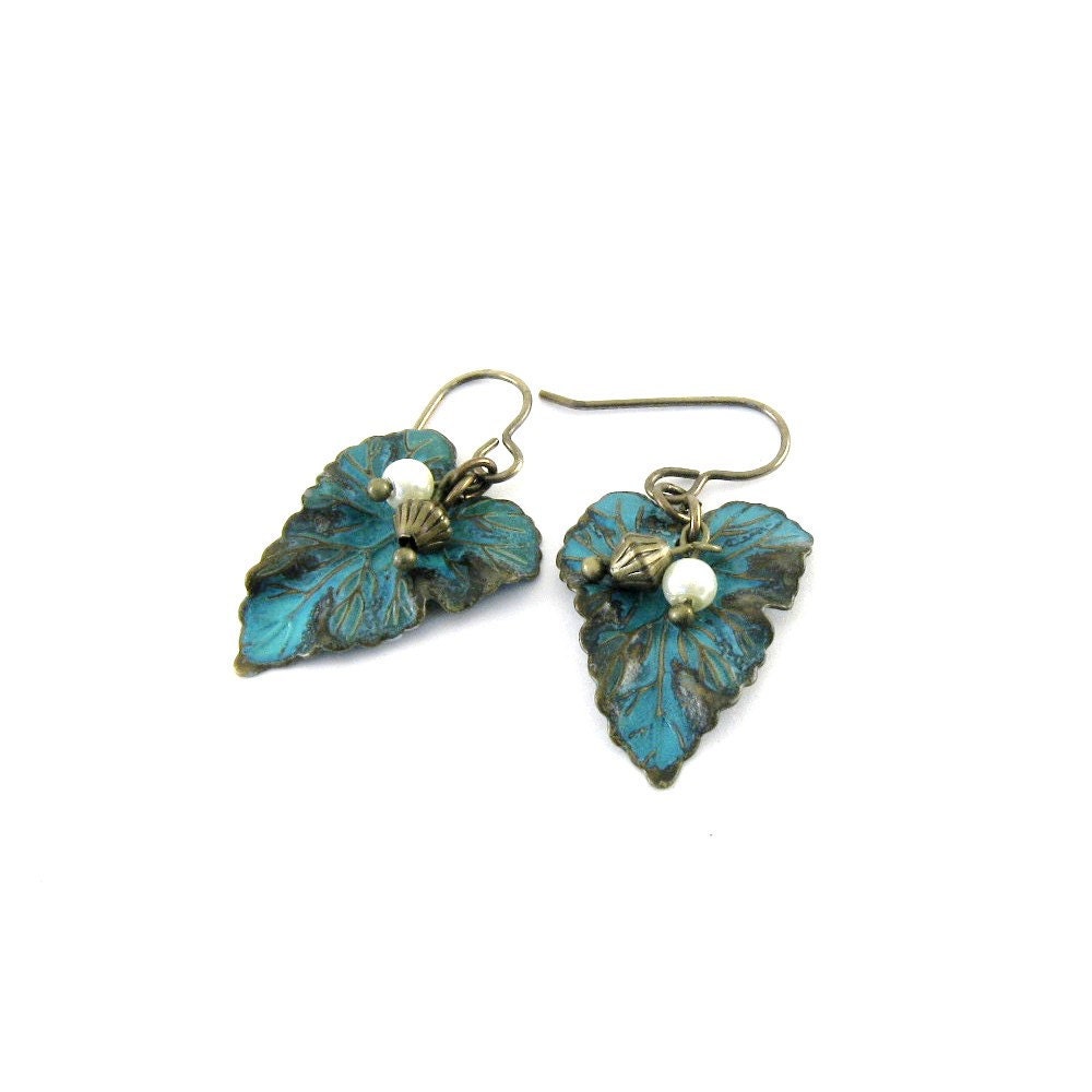 Brass Leaf Earrings Verdigris Wavy Leaf White Pearl Antique Brass Vintaj Beaded Wire