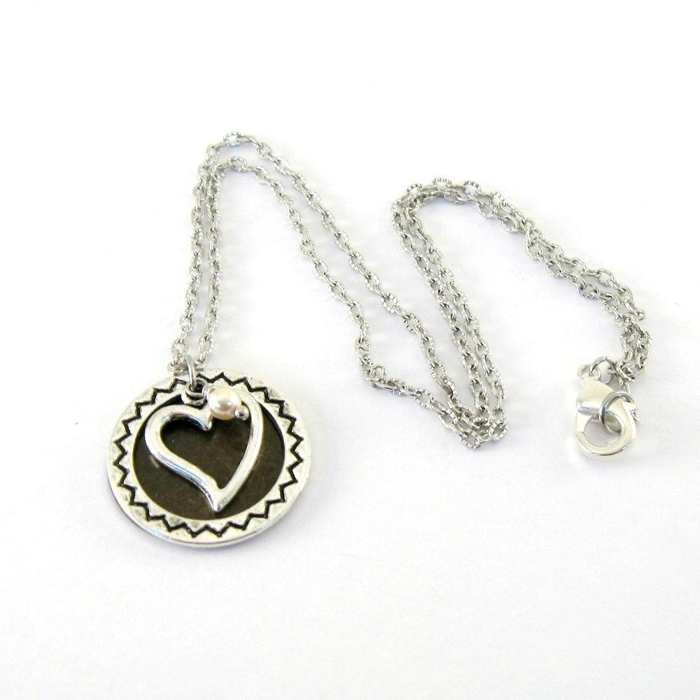 Silver Brass Heart Necklace Hammered Trinity Brass White Glass Pearl Chain Dangle