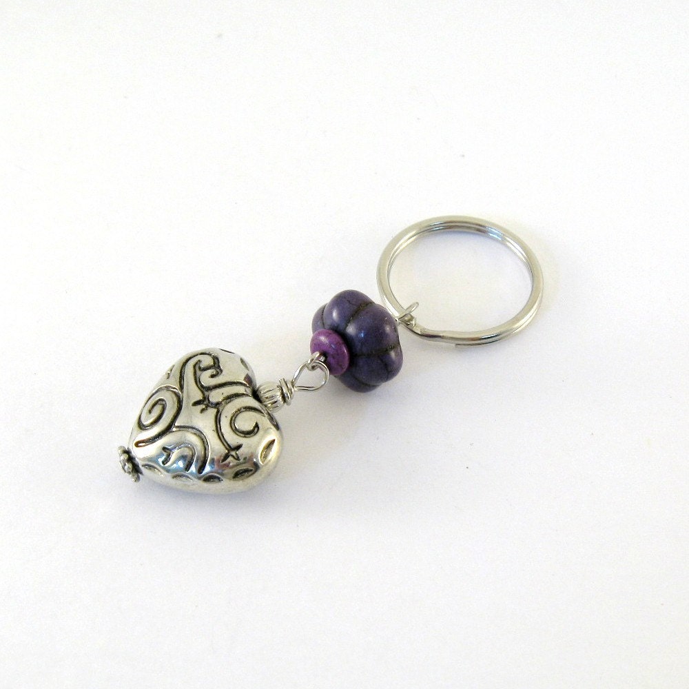 Purple Heart Keychain Silver Puffy Etched Heart Purple Magnesite Beaded