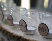 Bridesmaids Table Markers Upcycled Glass Jars With Carved Wood Fronts Tea Light Candle Holder Rustic Woodland Wedding