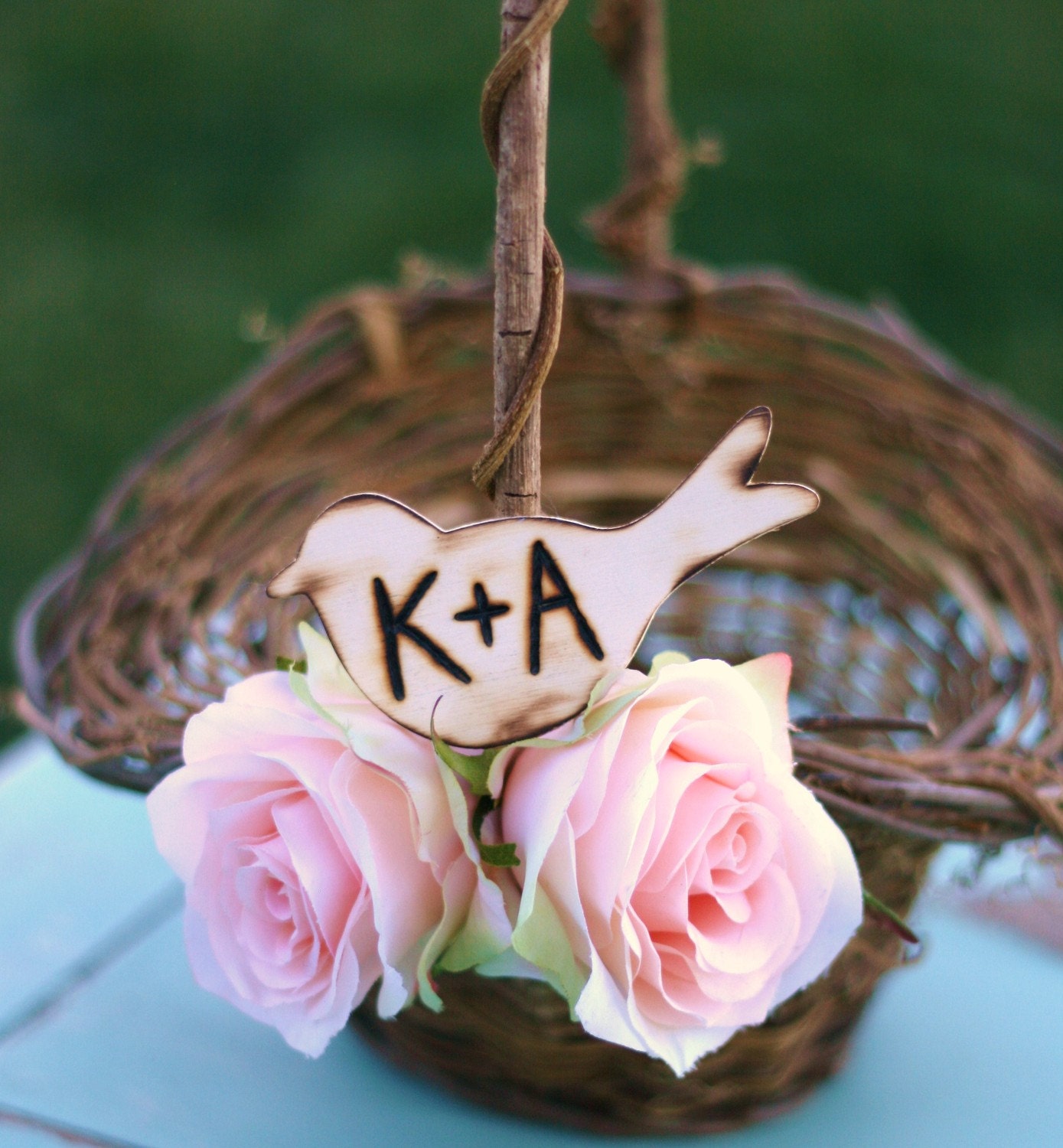 Flower Girl Basket Rustic Wedding Engraved Love Bird (item B10056)