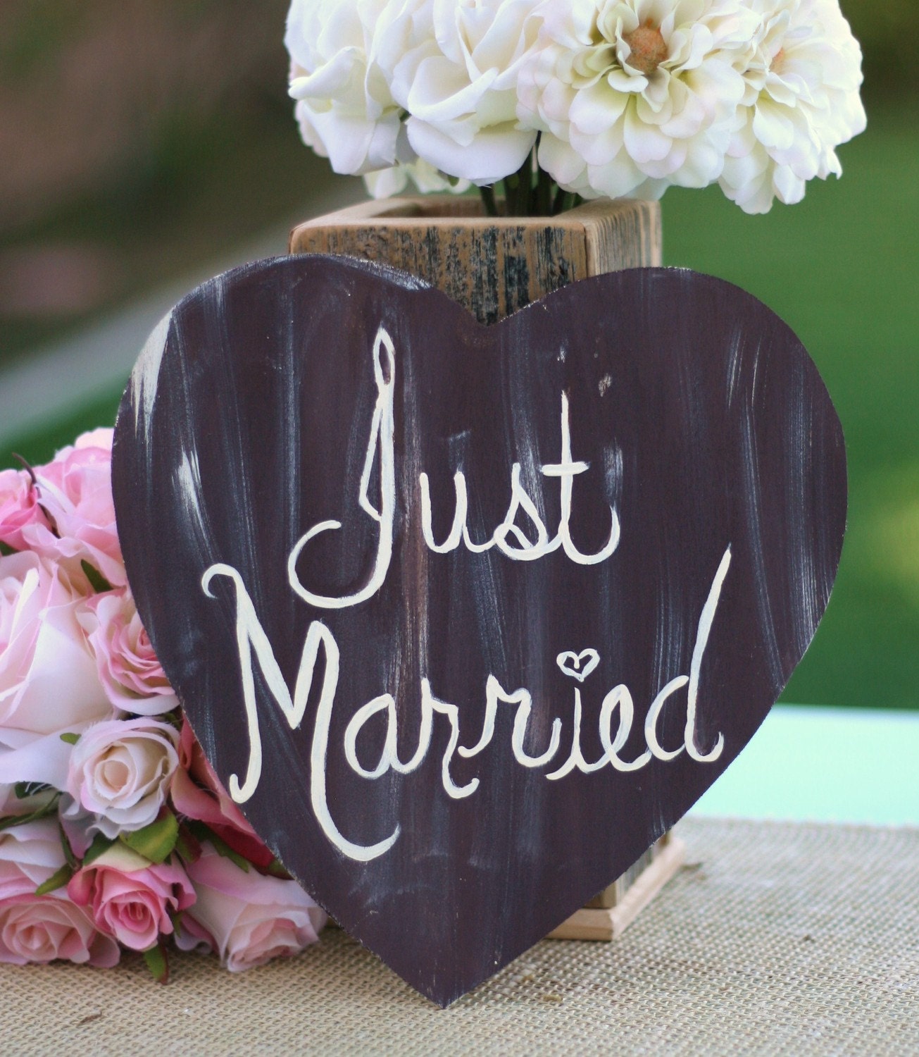 Just Married Photo Prop Sign For Flower Girl or Ring Bearer Rustic Hand Painted Distressed Wood Heart
