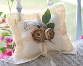 Personalized Custom Woodland Burlap Ring Bearer Pillow Rustic Chic Engraved Wood Heart Vintage Shabby Inspired Roses ranunculus