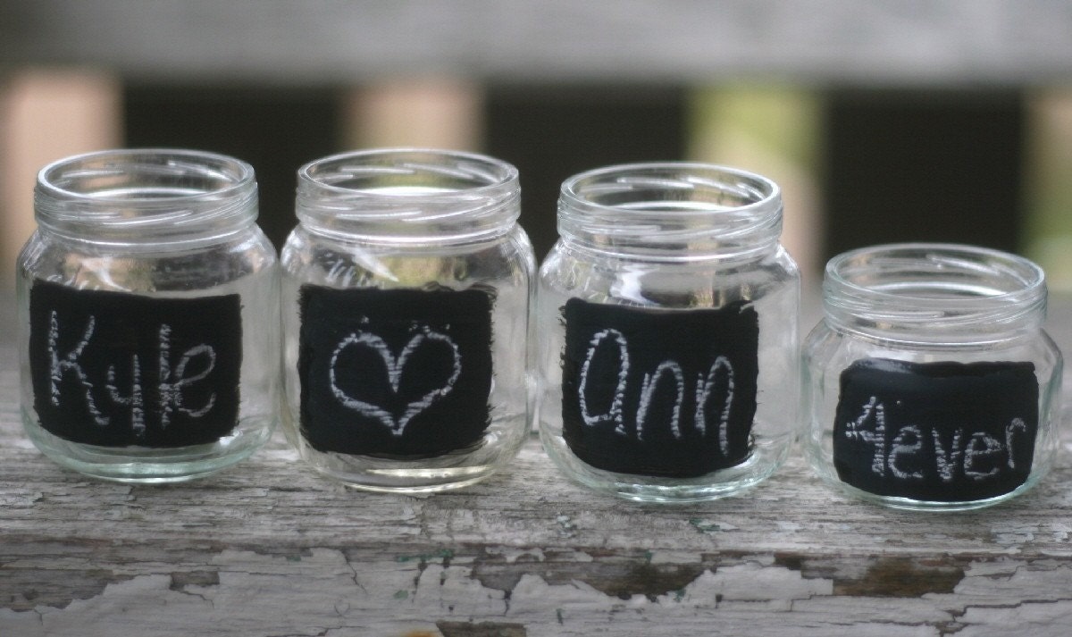 Upcycled Glass Jars With Chalkboard Fronts Tea Light Candle  Holder Rustic Woodland Wedding