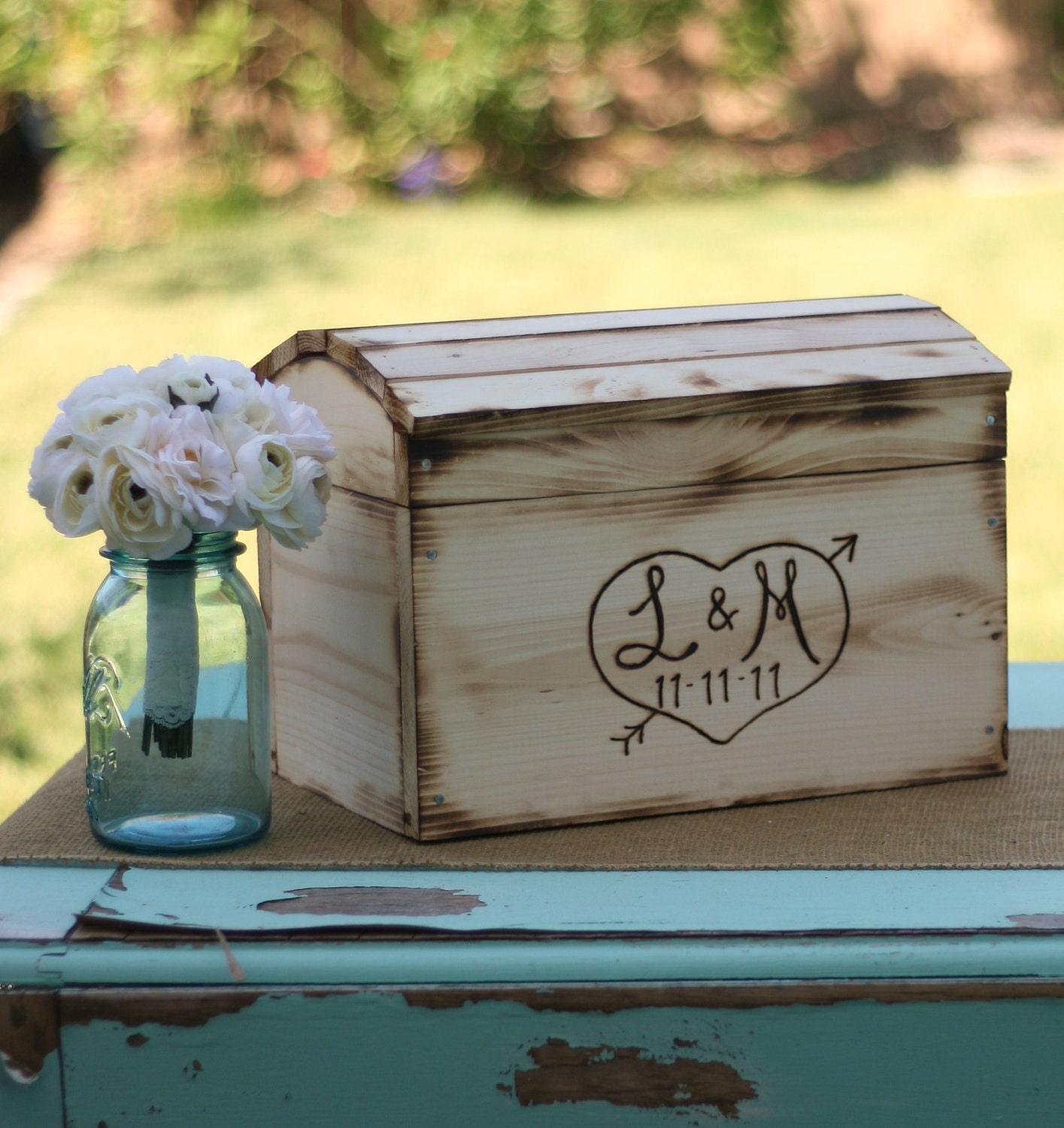 Rustic Card Box Personalized Wedding Engraved Wood (item E10066)