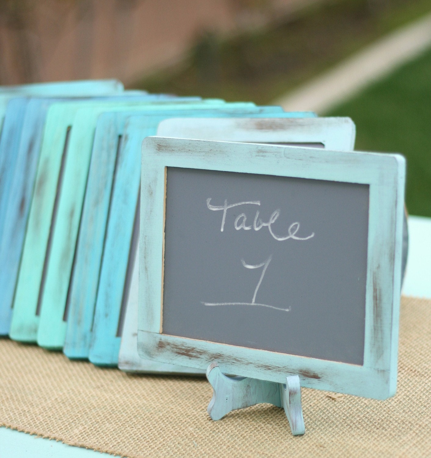 SET of 12 Custom Distressed Barn Wood Style Wedding 4x6 Chalkboard Signs Frames & Small Easels