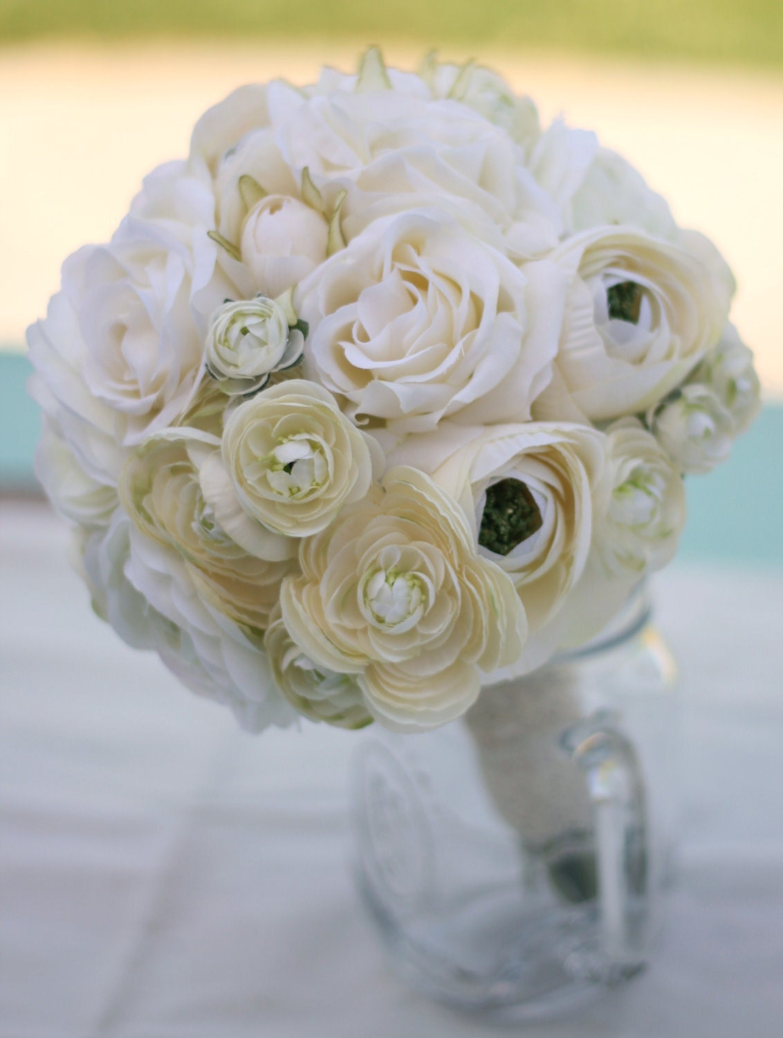 Bride Bouquet White Cream Roses Ranunculus Burlap and Lace Silk Arrangement