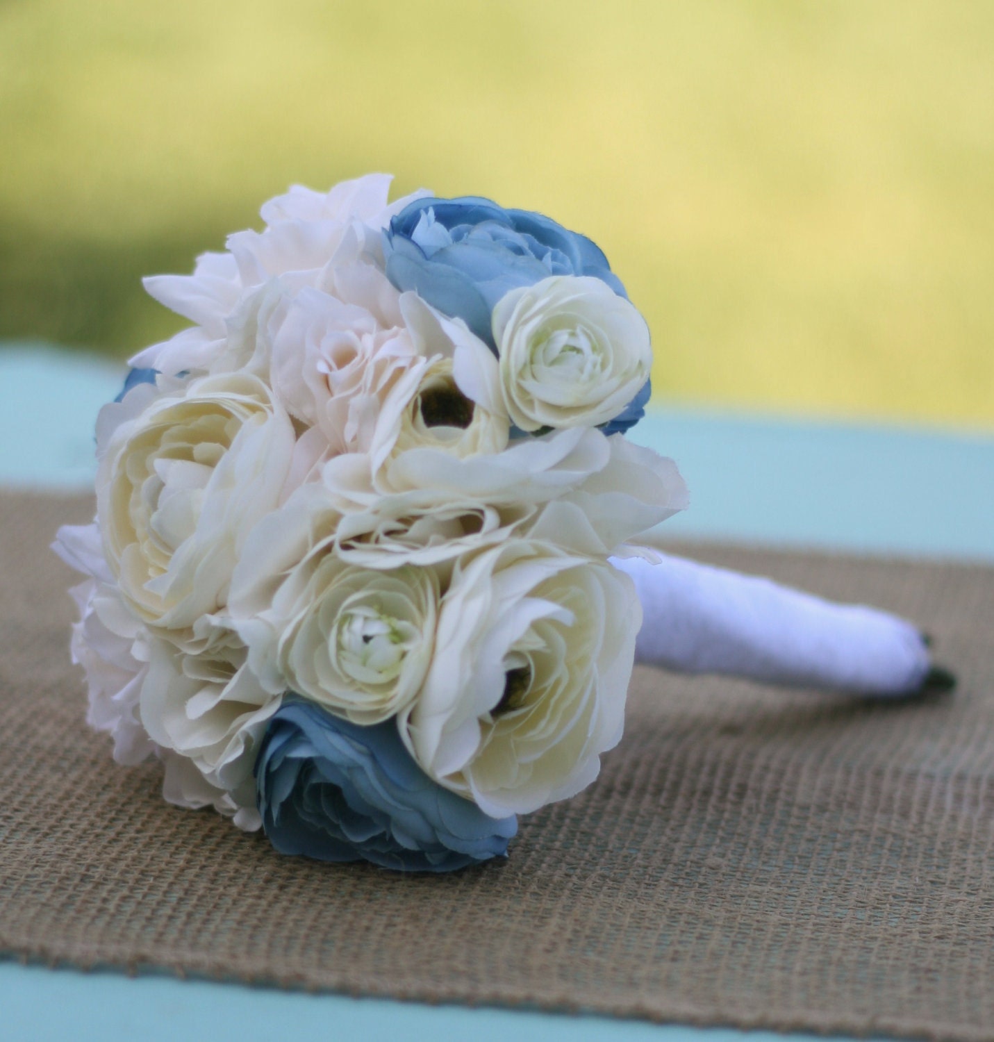 Shabby Vintage Chic Inspired Bride Bouquet Cream Ivory Dusty Blue Roses Ranunculus Wrapped In Lace Silk Arrangement Winter New Years Silver