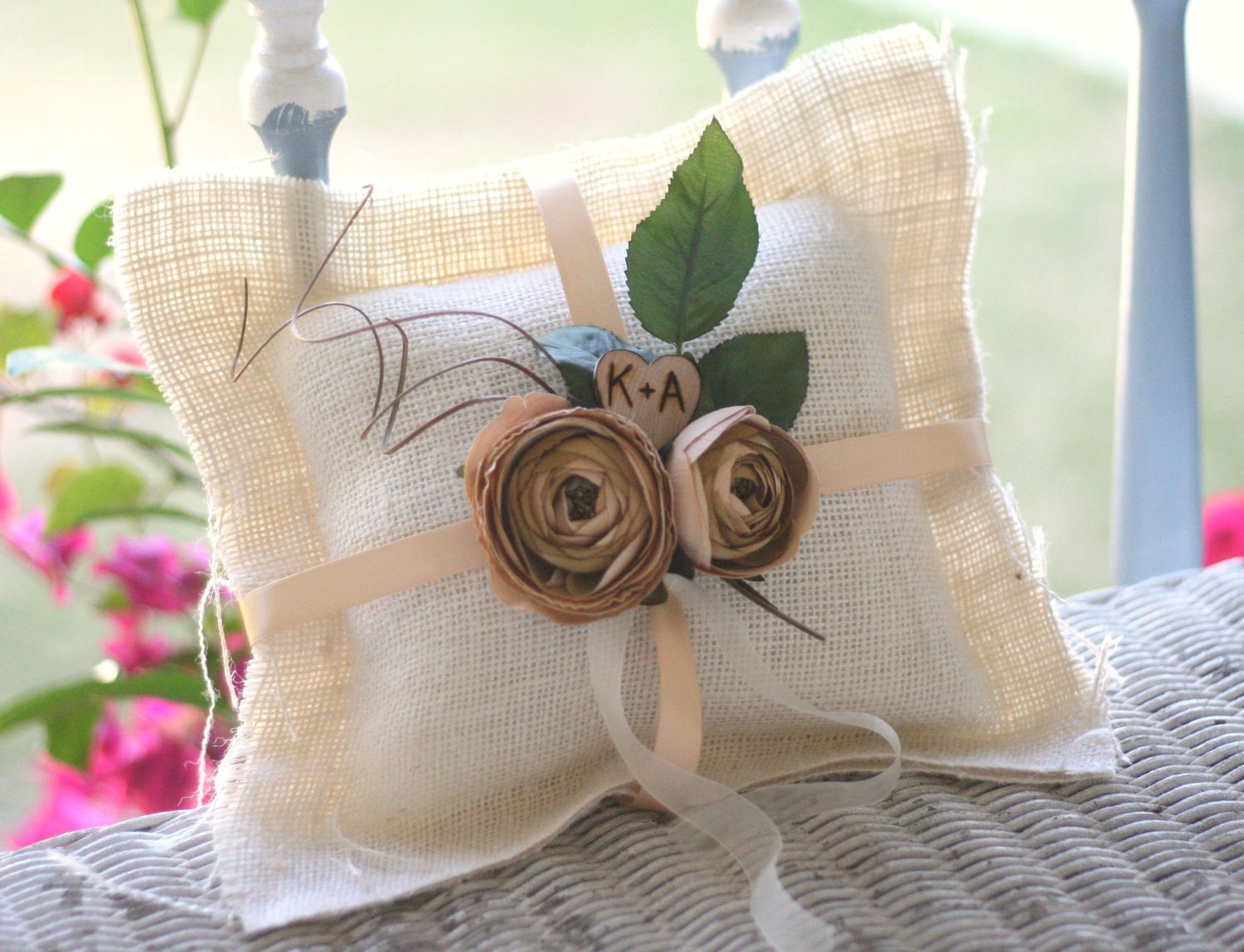 Personalized Custom Woodland Burlap Ring Bearer Pillow Rustic Chic Engraved Wood Heart Vintage Shabby Inspired Roses ranunculus