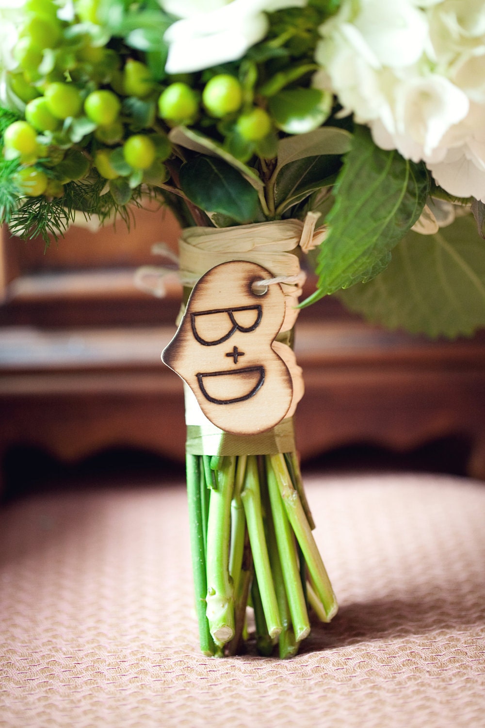 Rustic Chic Engraved Wood Heart Charm For Bride Bouquet (item E10452)