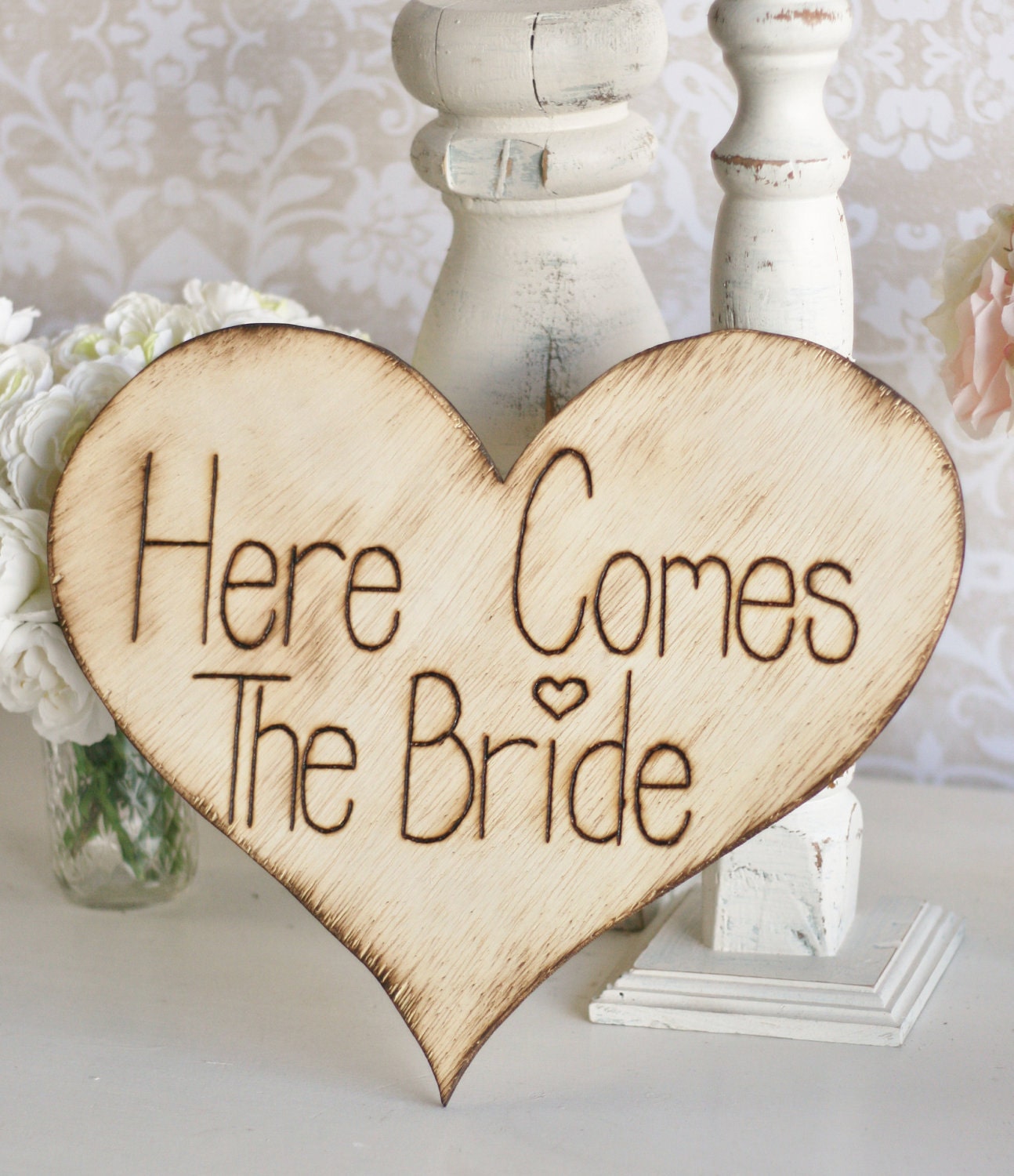 Here Comes The Bride Flower Girl Ring Bearer Sign 12" Engraved Rustic Wedding Decor (item E10150)