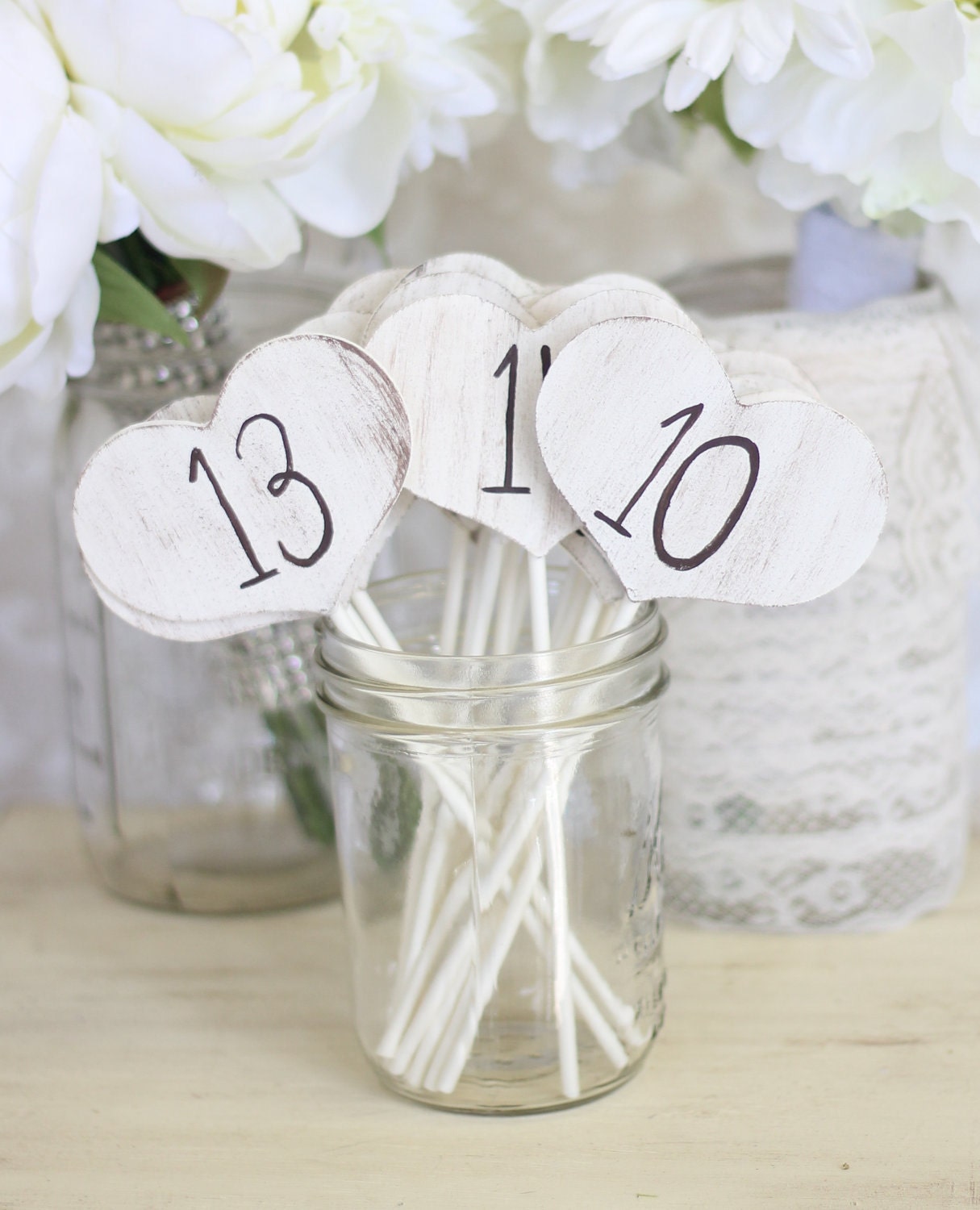 Shabby Chic Table Numbers Hearts On Sticks SET Of 15 (item P10224)