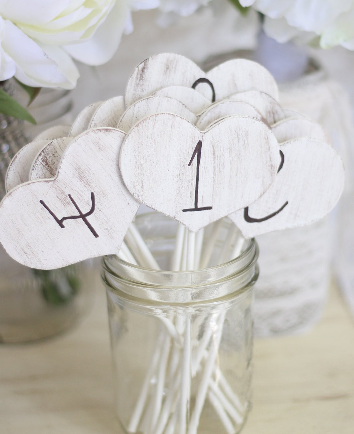 Shabby Chic Table Numbers Hearts On Sticks SET Of 15 (item P10224)