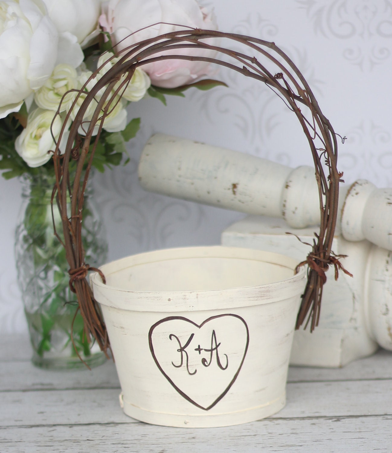Personalized Flower Girl Basket Shabby Chic Wedding Rustic Decor (item P10611)