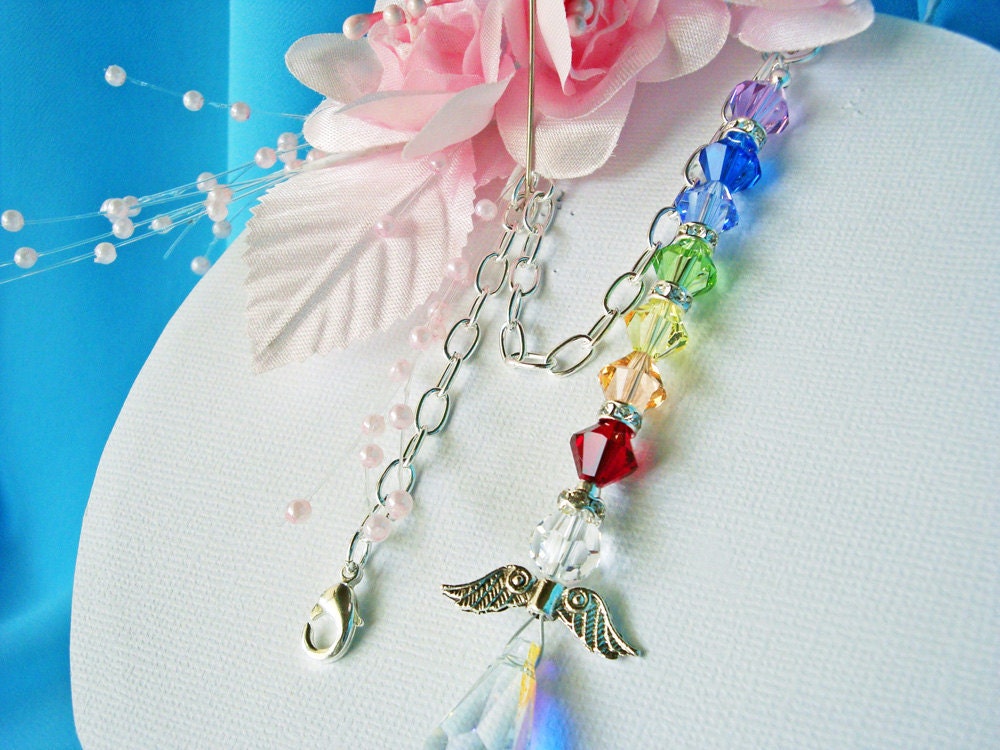 Chakra Rear View Mirror Car Charm Swarovski Chakra Color Crystals and Crystal Guardian Angel