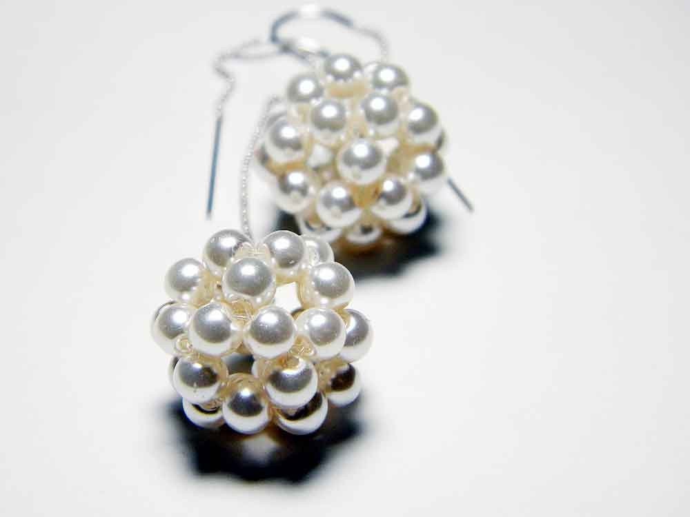 Cream Glass Pearl Long Dangle Earrings, Beadweaving, Sterling Silver - "Darling Mine" by Whimsy Beading