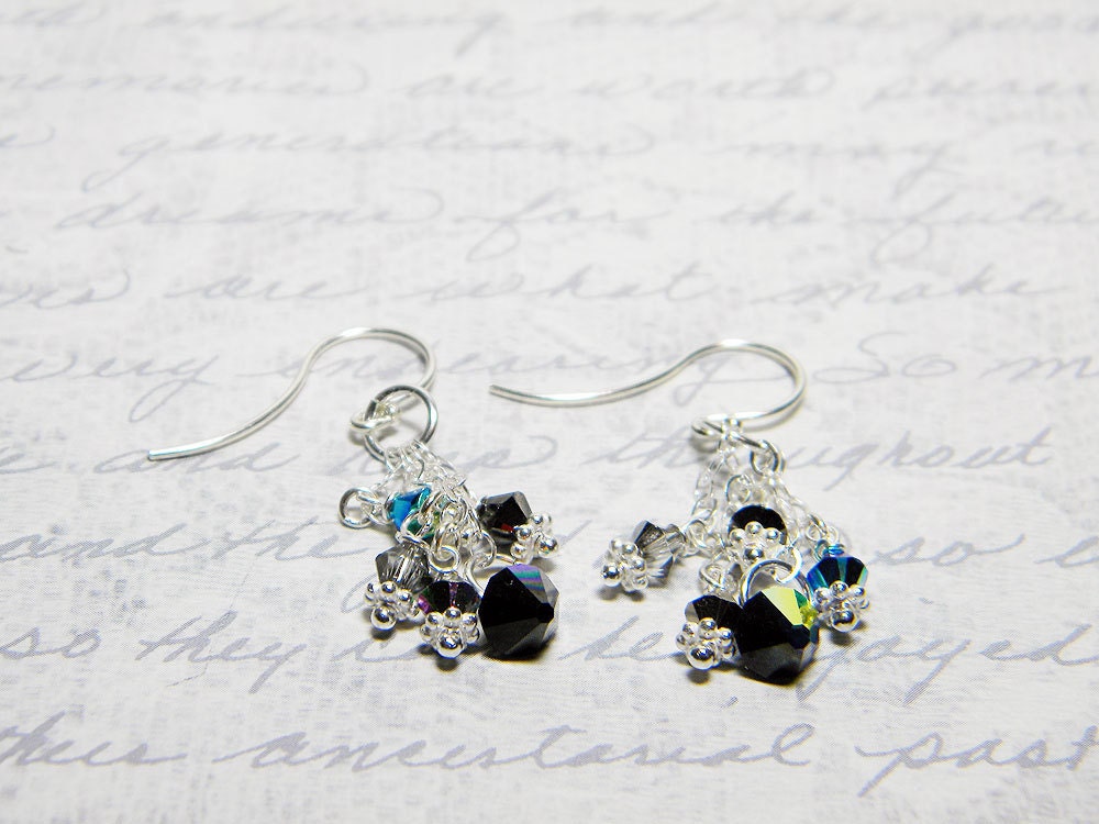 Black Swarovski Crystal Dangle Earrings, Black Diamond, Crystal Silver Night, Jet 2X AB, Sterling Silver - "Dark Matter" by Whimsy Beading