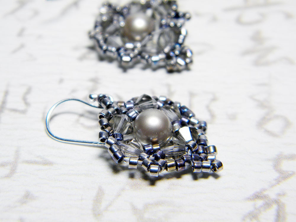 Swarovski Platinum Pearl Earrings Swarovski Crystal 22kt Lavender Gold Delica Sterling Silver - "Silver Dusk"