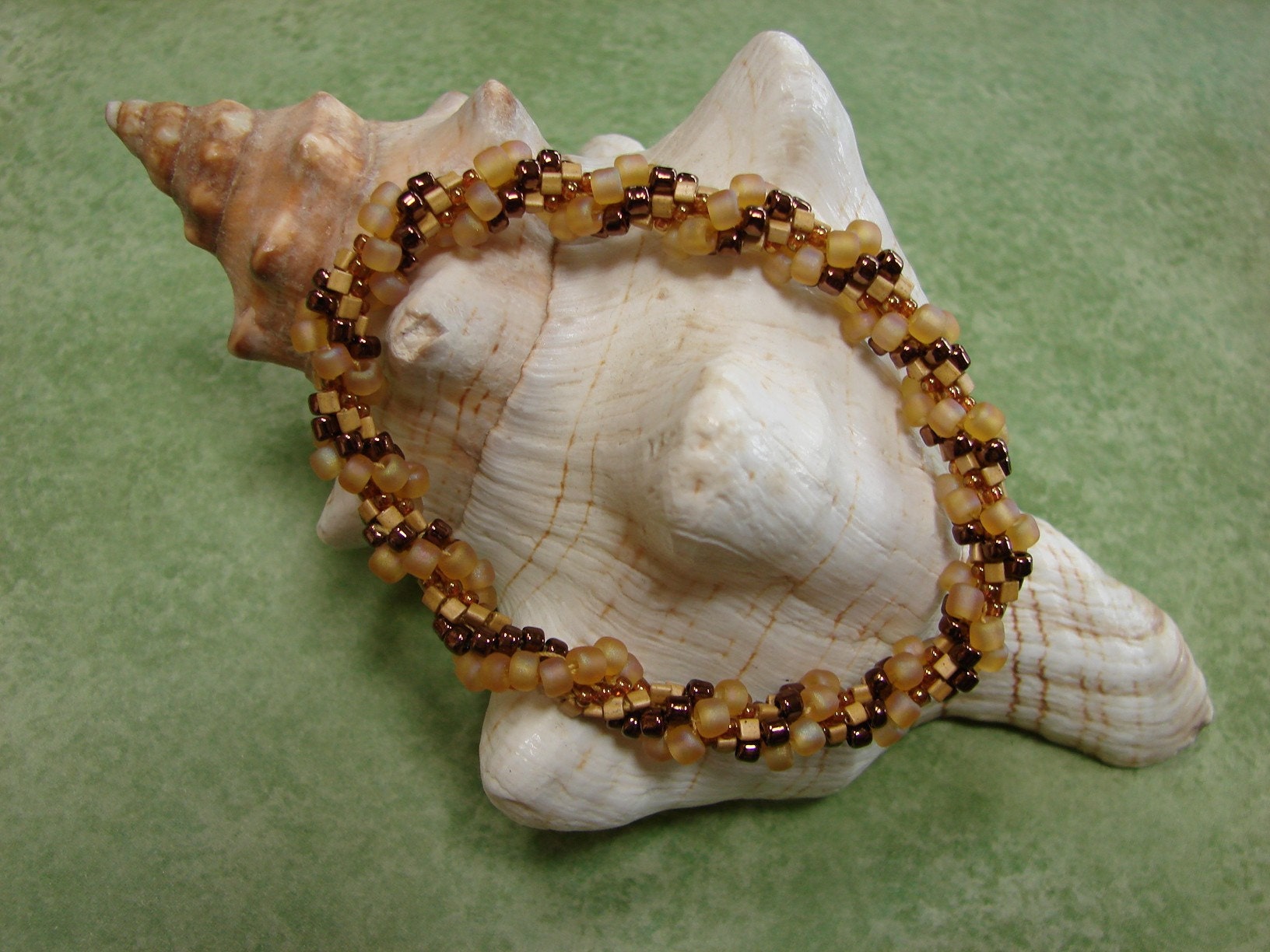 Bead Crocheted Bracelet in Gold, Copper, and Tan Seed Beads