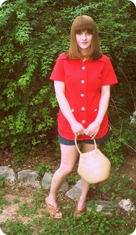 SUPERsweet Cherry red vintage 1970s wide collar top small- medium