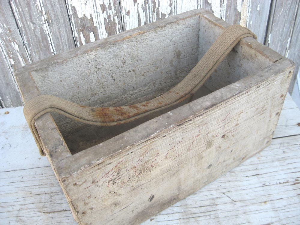 Old shabby chippy white wood tool tote