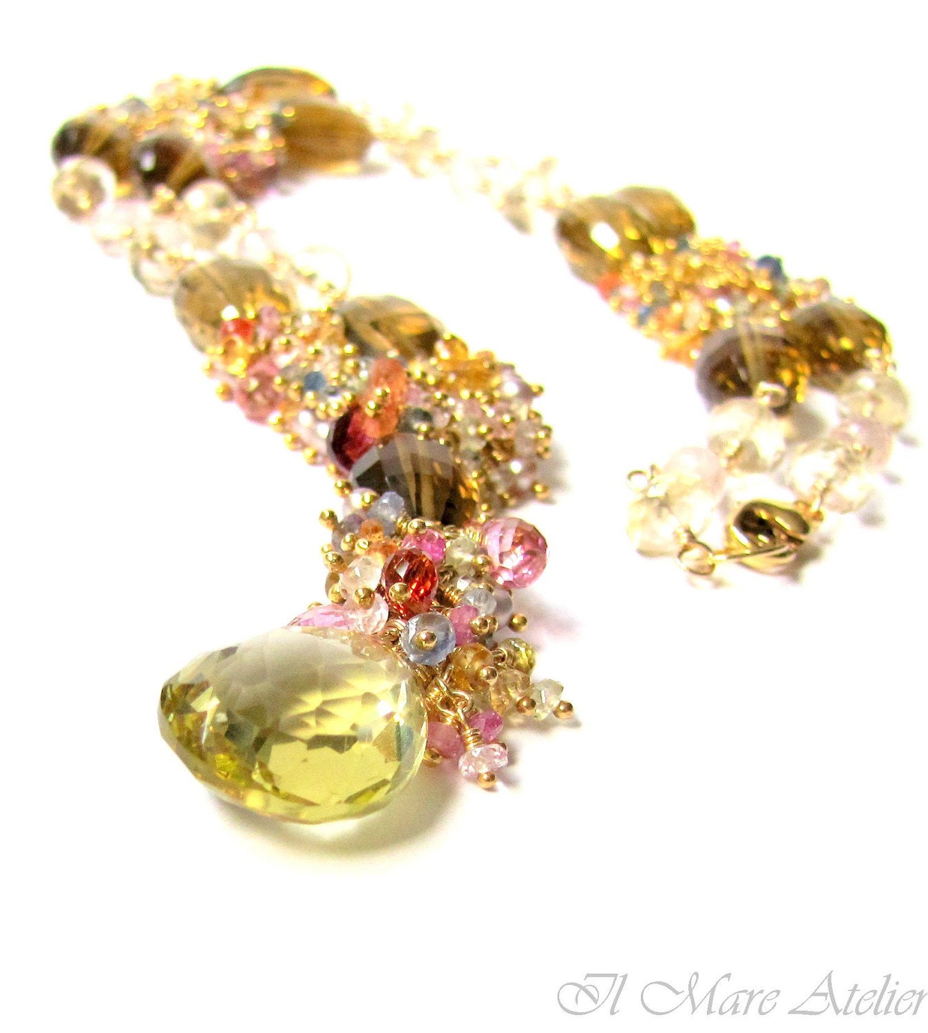 Lemon quartz Necklace, Whiskey Quartz, Sapphire, Topaz, Sunstone, Rose Quartz, Pearl - La Miel