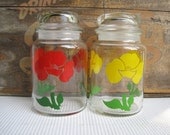 Vintage Yellow and Red Flower Glass Jar Canisters with Air Tight Seal