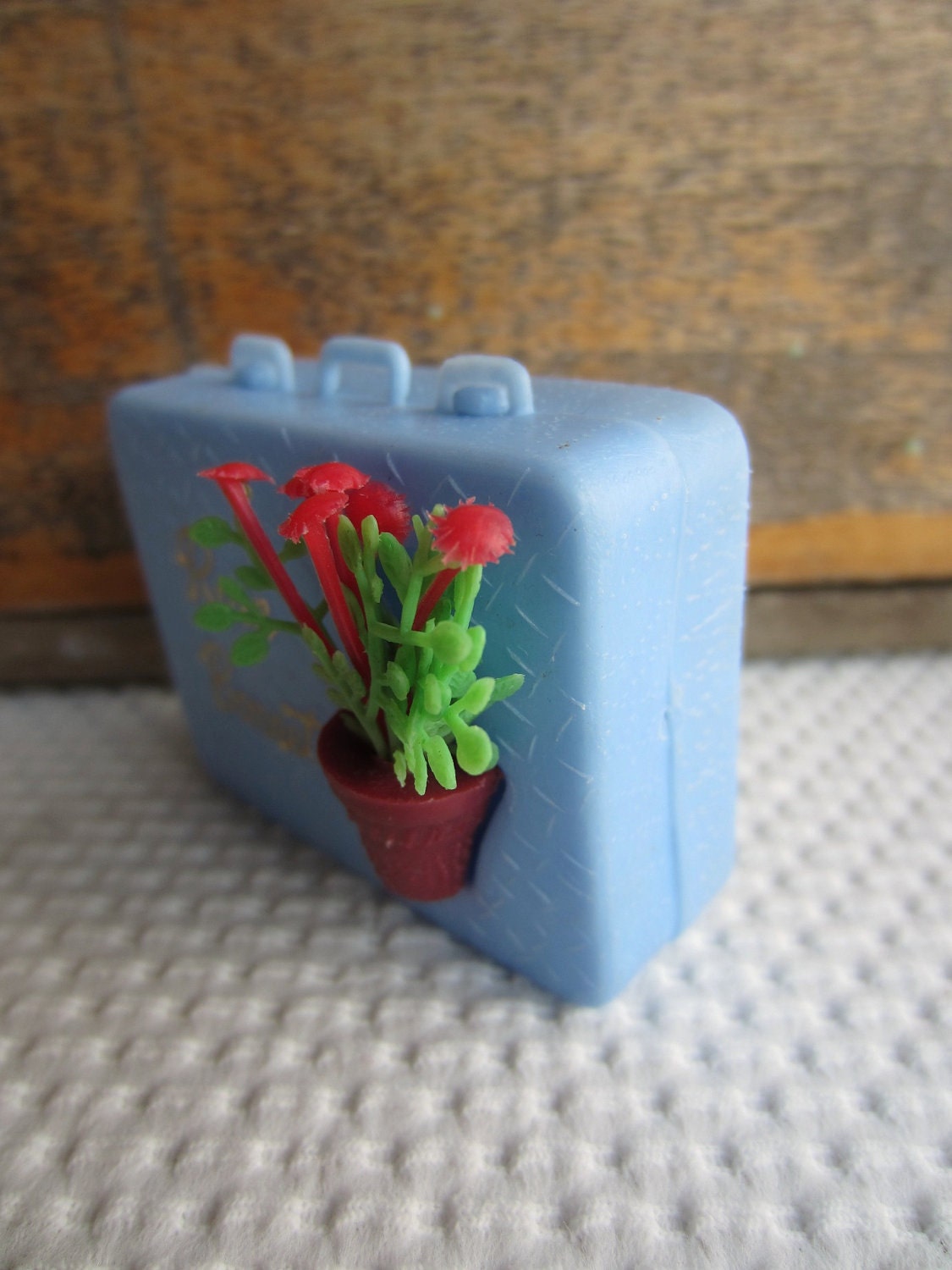 Vintage Rain Bonnet in Kitschy Blue Little Suitcase Don't Get Caught In April Showers Made in Hong Kong