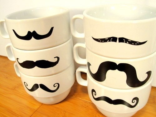 Upcycled Modern Stacking Mustache Mugs With Holder - White