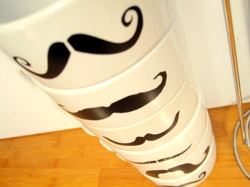 Upcycled Modern Stacking Mustache Mugs With Holder - White