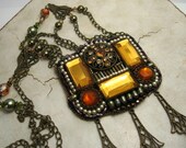 Beadwork Necklace Vintage Style Antique Brass Chain Fall Colors Beaded Jewelry Repurposed Upcycled 'The Diva'
