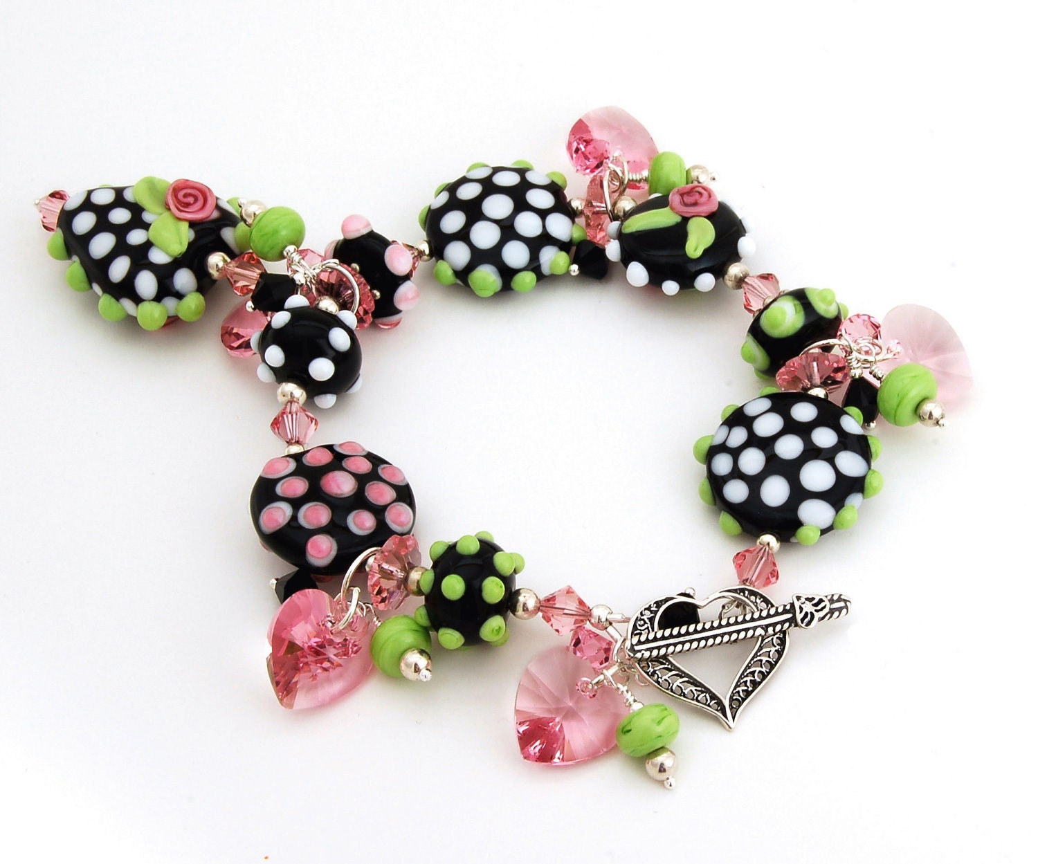 Handmade Lampwork Bracelet, Sterling Silver, Black Pink Green  Beaded Jewelry 'Heart's Desire'
