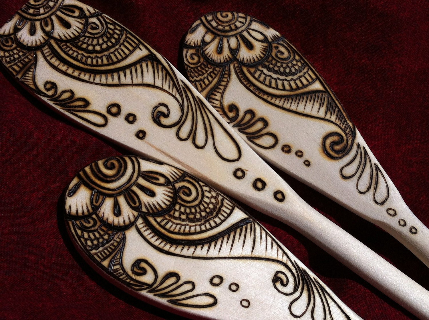Mendhi Flower Wooden Spoon Set in Pyrography - Made to Order