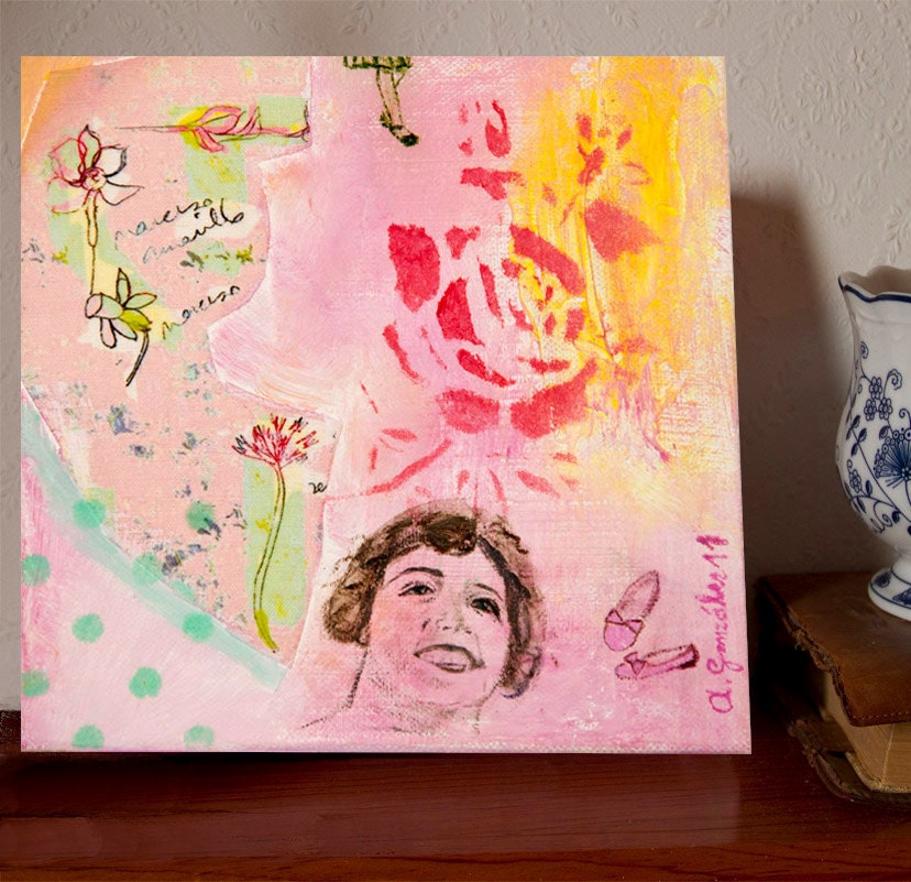 Original Painting 8"x8"  on canvas ready to hang pink flowers girl shoes yellow blue by Ana Gonzalez