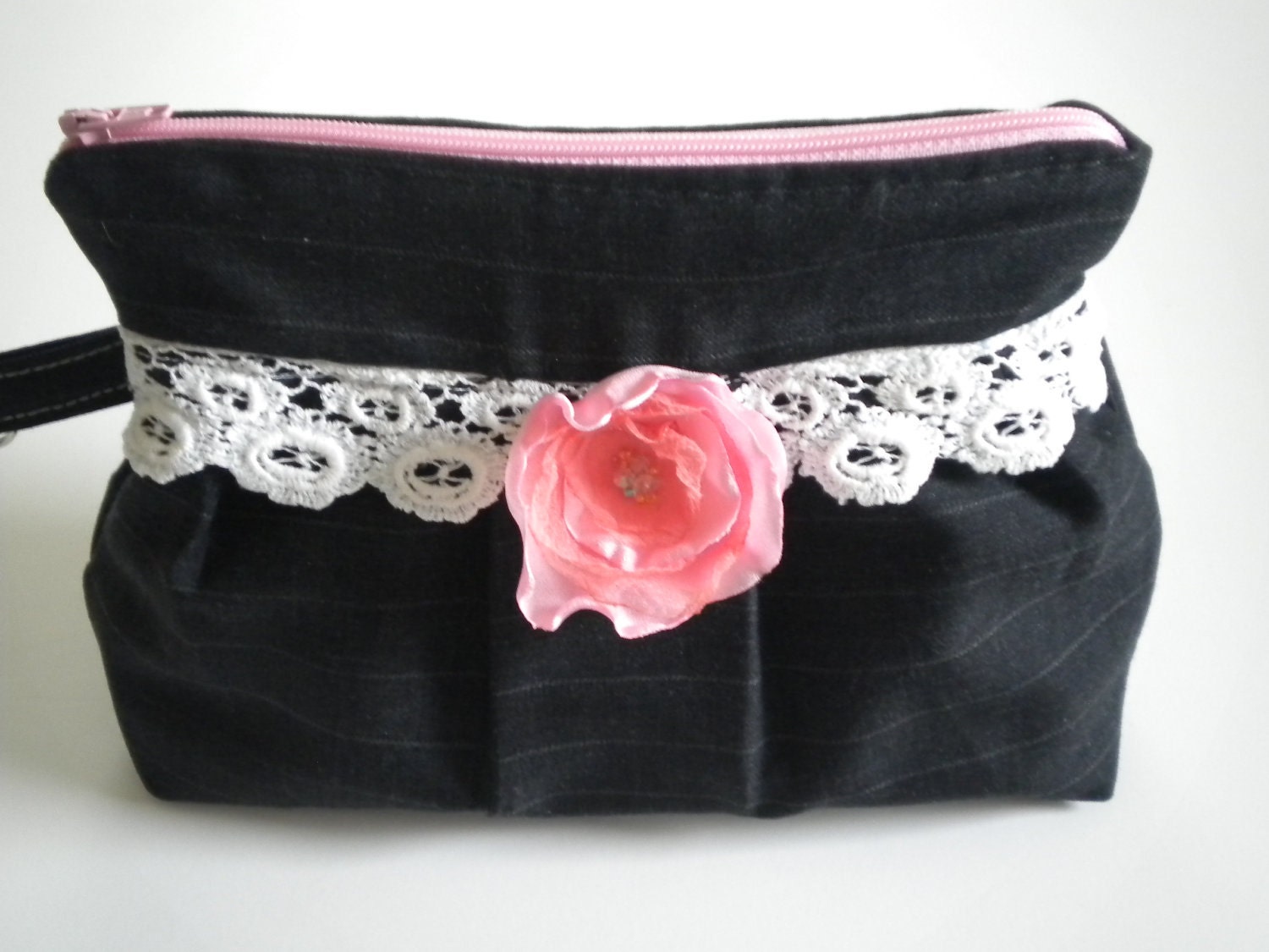 Vintage Lace and Pinstripe Hand Bag Clutch Wristlet