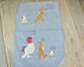 Cute Old Embroidered Dog Chick Rooster Scene Check Out Time From Life