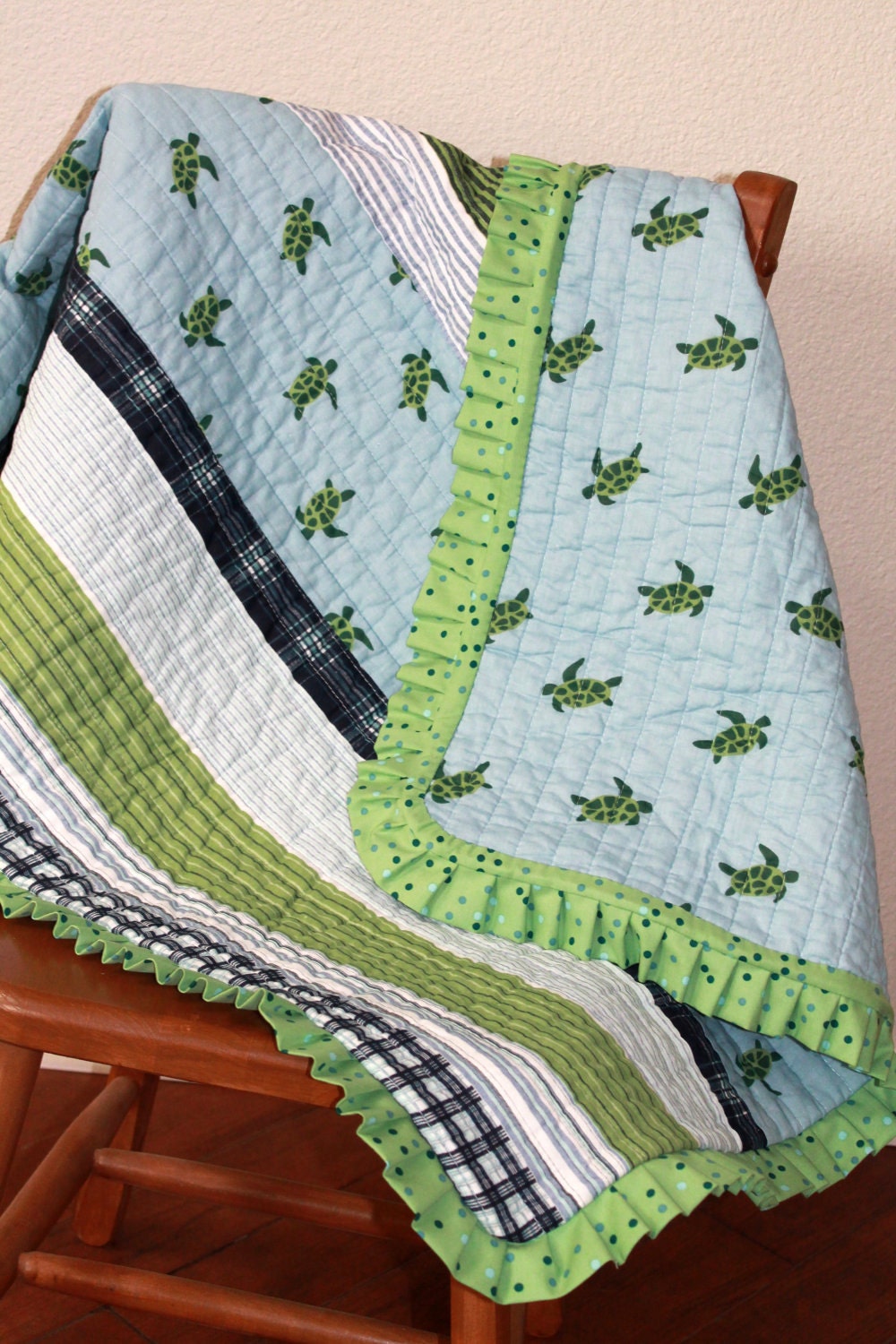 Last One Baby Quilt Sea Turtles Pale Blue and Green Crib Quilt