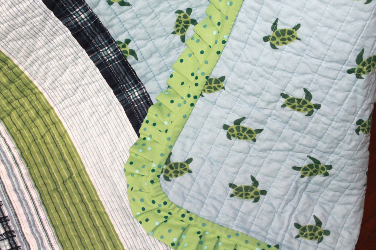 Last One Baby Quilt Sea Turtles Pale Blue and Green Crib Quilt