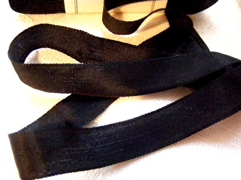 Vintage 1930's French Satin Woven Ribbon 9/16 inch Gorgeous Jet Black