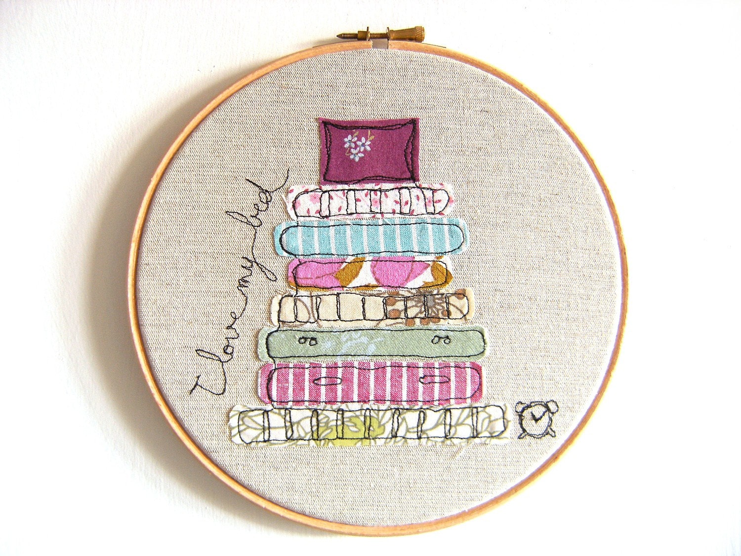 Whimsical Embroidery Art - 'I love my bed' textile hoop in purple, turquoise & green - 8" hoop