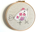 Embroidery Hoop Art - 'Chirpy chick' in pink & white - 6" hoop